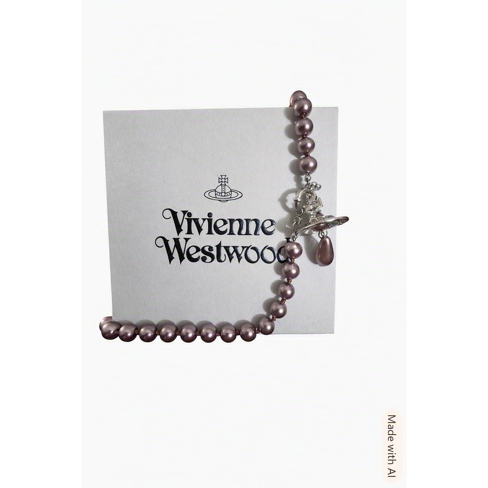 Vivienne Westwood Mauve Purple Faux Pearl Saturn Orb Drop Necklace Silver Tone